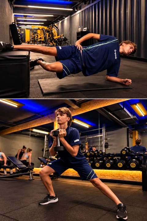 Montagem com dois exercícios: prancha lateral e agachamento lateral com halter